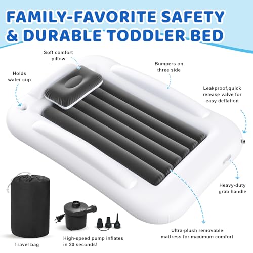 Inflatable Toddler Travel Bed - 60 Inches Portable Toddler Bed for Travel with Safety Sides - Cozy Kids Air Mattress Set with High-Speed Pump & Carry Case - Lightweight & Easy to Inflate -Grey - color: Grey