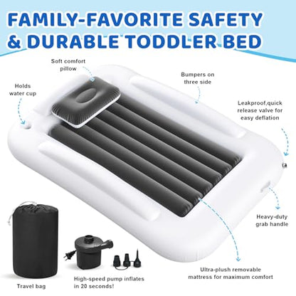 Inflatable Toddler Travel Bed - 60 Inches Portable Toddler Bed for Travel with Safety Sides - Cozy Kids Air Mattress Set with High-Speed Pump & Carry Case - Lightweight & Easy to Inflate -Grey - color: Grey