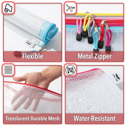 Mr. Pen- Plastic Mesh Zipper Pouch with Label Pocket, A4, 6 Pack | Large Mesh Zipper Pouch Large, Board Game Storage