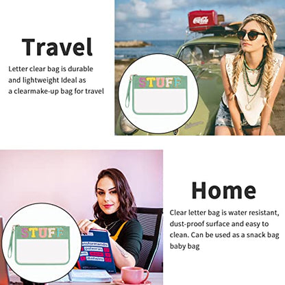 Iqimott Chenille Letter Clear Bag Stuff Pouch, Monogram PVC & PU Makeup Cosmetic Bag Zipper Toiletry Pouch, Waterproof Portable Travel Beach Snack Wristlet Bags for Women Girls(Stuff, Green) - color: Stuff-Green