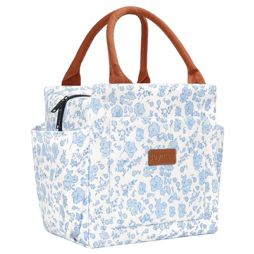 Joymee Insulated Lunch Bag For Women Reusable Leakproof - Blue Floral | Spacious Storage, Bottle Holder & Pockets, Leakproof Insulated, for Work, Travel, Picnic, Daily Use, for Adult - color: 04 Blue Floral