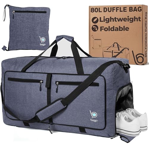 Bago Large Duffle Bag for Travel Women & Men. Durable Lightweight Foldable Travel Duffel Bags For Traveling Women. 80L Duffle Bags For Overnight Bag With Shoe Compartment Collapsible Weekender duffel - color: SnowBlack, size: 80L
