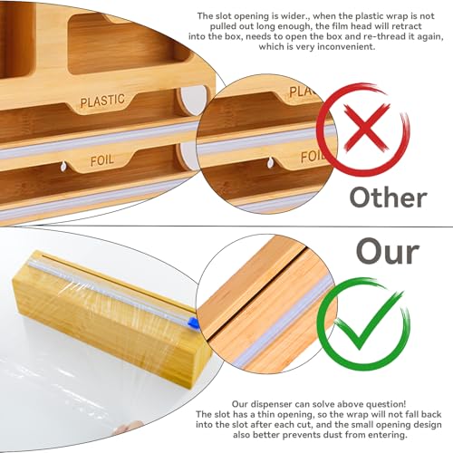 Uncle Jack Plastic Wrap Dispenser with Slide Cutter, Fit 13'' Rolls, Bamboo Aluminum Foil Dispenser with Cutter for Wax Paper, Saran Wrap