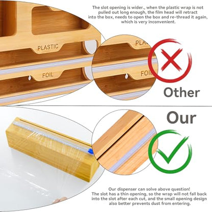 Uncle Jack Plastic Wrap Dispenser with Slide Cutter, Fit 13'' Rolls, Bamboo Aluminum Foil Dispenser with Cutter for Wax Paper, Saran Wrap