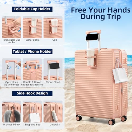 HanTrip Hard Shell Suitcases 28 Inch Large Checked Luggage with Spinner Wheels Cup Holder, Expandable Check in Luggage Lightweight Top Opening Luggage Big Rolling Suitcase with Lock, Pink - color: Pink, size: Expandable 28 Inch