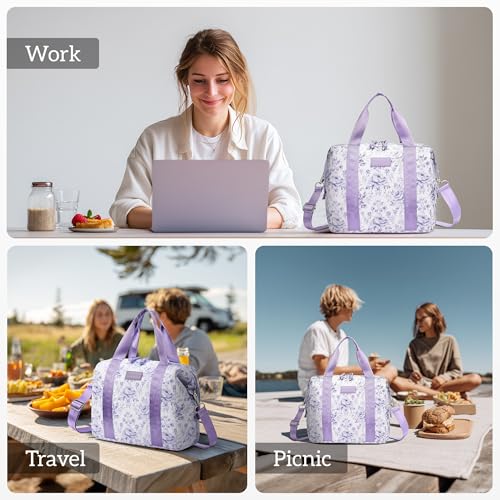 Lunch Box for Women Insulated Lunch Bag, Cute Lunch bags,Reusable Large Capacity Leakproof Lunchbox with Adjustable Shoulder Strap, Lunch tote for Work Office Picnic Travel (Purple Flower) - color: Purple Flower