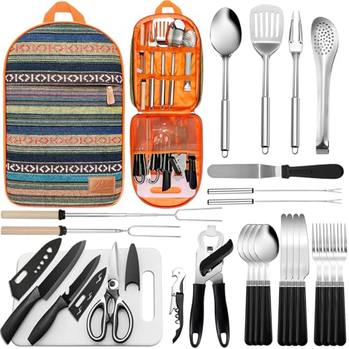 Portable Camping Kitchen Utensil Set-27 Piece Cookware Kit, Stainless Steel Outdoor Cooking and Grilling Utensil Organizer Travel Set Perfect for Travel, Picnics, RVs, Camping, BBQs, Parties and More - color: orange