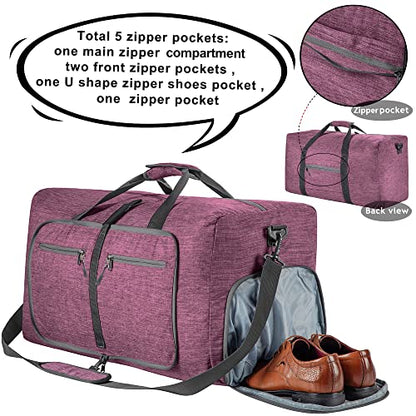 Vomgomfom 65L/85L/115L Foldable Travel Duffle Bag, Lightweight Checked Luggage with Shoe Compartment, Water-Resistant Weekender Overnight Bag for Men & Women - color: I Purple, size: 85L