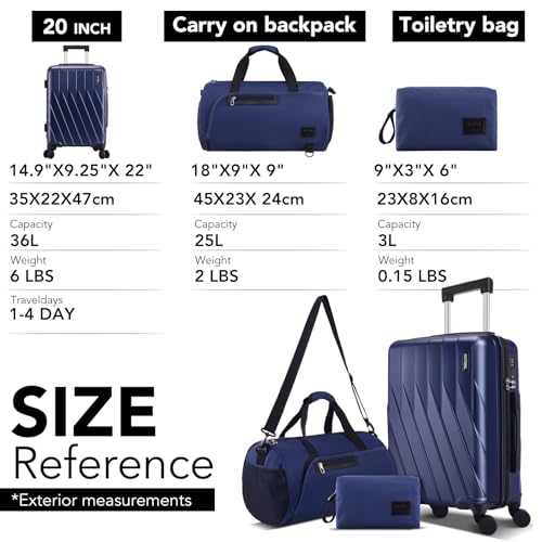 Hoteel Luggage Sets 3 Piece, 4-Year Warranty, Durable Suitcase Set with Spinner Wheels, 100% PC Hard Shell Lightweight Luggage with TSA Lock, Large Checked Travel Suitcases, Dark Blue(20IN/DB/TB) - color: Dark Blue, size: 20/TB/（LB/DB）