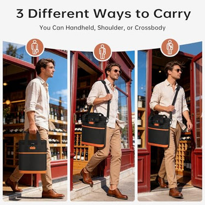 3 Bottle Wine Tote Bag with Adjustable Shoulder Strap & Handle Insulated Padded Wine Cooler Bag Portable Wine Bottle Carrying Case for Picnic, Travel, Party, BYOB