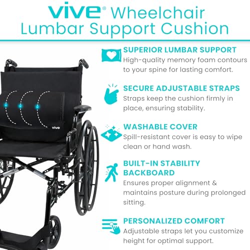 Vive Wheelchair Lumbar Support Cushion for Sling Back Wheel Chairs - Chair Pad for Back Pressure Relief - Memory Foam Backrest - Fits Most Wheelchairs & Transport Chairs - Improves Posture - size: 20"x17"x3"