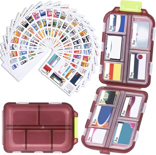 Medicine Pill Organizer with 189 Labels, 10 Compartments Travel Pill Box, Mini Case, Compact Container for Purse (Brown) - color: Brown, size: Standard