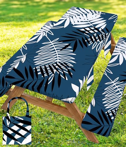 Picnic Table Cover with Bench Covers Tablecloth Glamping Essentials Gear Table Cloth Outdoor Summer Motorhome Cool Fun Unique Ideas Gifts for Camper Camping Lovers RV Owner Family Couple Dad Men Male - color: Blue White Leaves, size: 96in