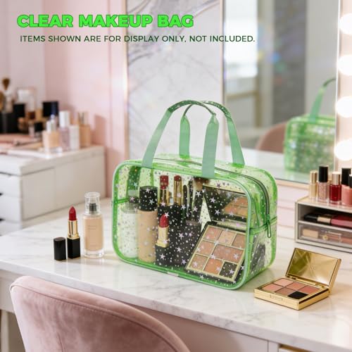 Large Clear Makeup Bag 12x5x8 Green Star Pattern - Waterproof PVC Travel Cosmetic Organizer with Handle, Durable Transparent Toiletry Case for Women Girls Travel Gym Beach Storage - color: Green, style: Star