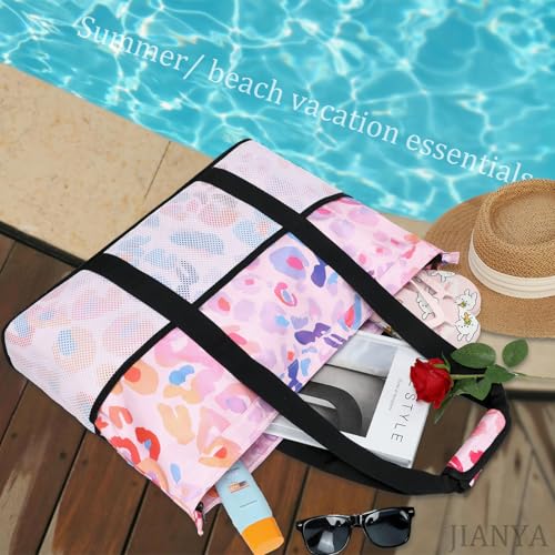 JIANYA Beach Bag Women Waterproof Sandproof Beach Tote Bags with Cooler Top Zipper Large Totes for Pool Travel Daily - color: Pink Leopard-pink