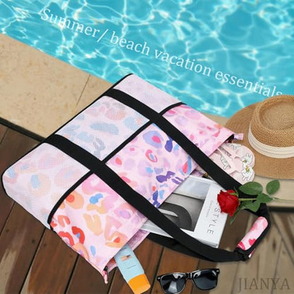 JIANYA Beach Bag Women Waterproof Sandproof Beach Tote Bags with Cooler Top Zipper Large Totes for Pool Travel Daily - color: Pink Leopard-pink