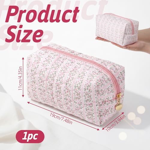 Floral Flowers Toiletry Organizer Makeup, Cute Floral Cotton Makeup Brush Cosmetic Bag Flowers Toiletry Organizer Case Cute Quilted Cotton Pouch for Women (Pink)