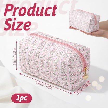 Floral Flowers Toiletry Organizer Makeup, Cute Floral Cotton Makeup Brush Cosmetic Bag Flowers Toiletry Organizer Case Cute Quilted Cotton Pouch for Women (Pink)