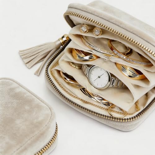 Small Travel Jewelry Case for Women, 6-Layer Velvet Organizer Pouch with Zipper, Anti-Scratch Portable Bag for Bracelets, Rings, Earrings & Necklaces (White) - color: White