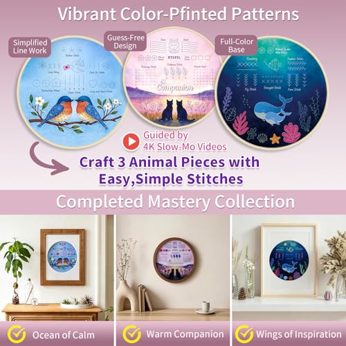 ETSPIL Beginner Embroidery Kit for Adults, 3-Pack Full-Color Stamped Animal Designs, Companionship Theme, Master 19 Stitches with 4K Step-by-Step Videos & Needle Minder, Easy Craft Gift for Teens - color: Companion F