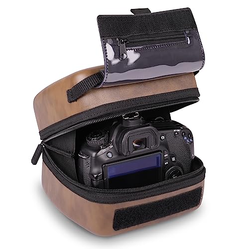 USA Gear Hard Shell Camera Case for DSLR & Mirrorless Cameras, Compatible with Canon, Nikon, Sony & Fujifilm - Fits EOS R100, Rebel T7 / 2000D, Nikon Z30, Sony A7III / A7 IV, Fujifilm X-T5 / X-T50 - color: Brown Vegan Leather