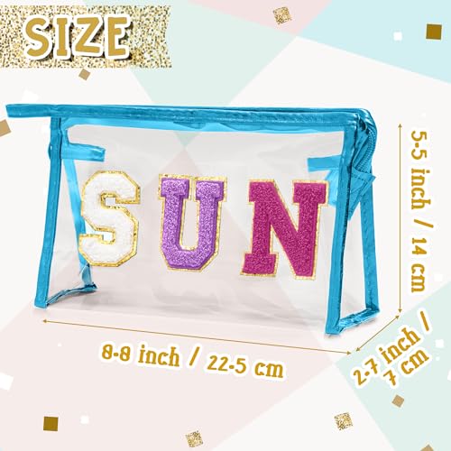 Y1tvei Clear SUN Makeup Bag - Preppy Purple SUN Chenille Varsity Letter Cosmetic Bag PVC Transparent Zipper Waterproof Beach Makeup Carry Pouch Portable Travel Toiletry Organizer for Women(Blue) - color: Purple SUN Blue