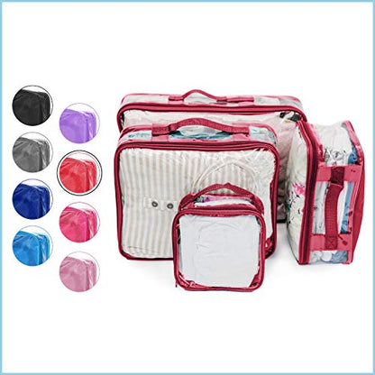 Clear Packing Cubes set of 4 / Packs 7-10 Days of Clothes/Premium PVC Plastic Storage Bags - color: Burgundy