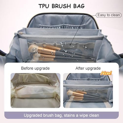 BOYATU Travel Makeup Bag Organizer: 3 Pcs Set Leopard Make up Bag for Women | Vegan Leather Cosmetic Bags with Compartments - Waterproof Toiletry Bag - 180° Open-Flat Make up Case for 3-15 Day Trips - color: 04-Purple