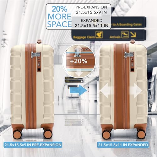 Flight Knight 21.5x15.5x9 Expandable Carry On Suitcase Hardside TSA Lock & USB C Port Lightweight Luggage Silent Double Spinner Wheels Maximum Canada Air Overhead Bag Airlines Approved Cream - color: Cream/Tan, size: 21.5x15.5x9"