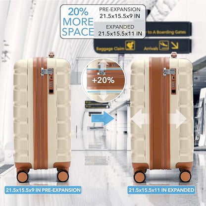 Flight Knight 21.5x15.5x9 Expandable Carry On Suitcase Hardside TSA Lock & USB C Port Lightweight Luggage Silent Double Spinner Wheels Maximum Canada Air Overhead Bag Airlines Approved Cream - color: Cream/Tan, size: 21.5x15.5x9"