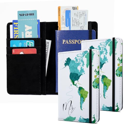 Passport Book Holder,Passport Wallet for Men Mr and Mrs Passport Holder Cover for Women World Map Case for Couples Christmas Traveling Book Protector 2PCS - color: Green Map-Couple 2Pcs