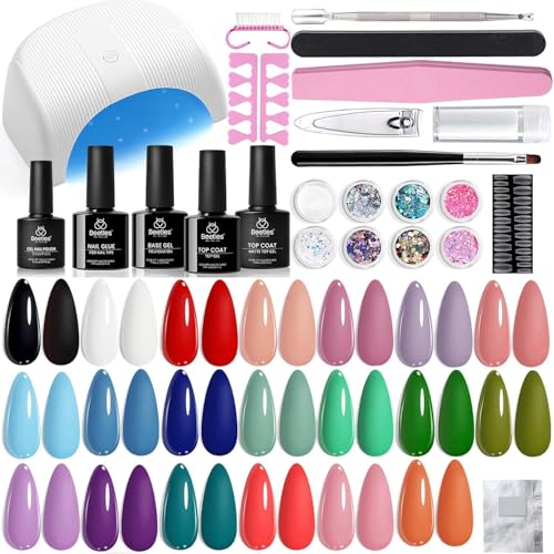Beetles Gel Nail Polish Kit with U V Light - 34pcs Gel Polish Set 20 Colors Colorful Dreamscape Pro with Nail Tips & Base Matte Top Medium Coffin Press on Nails Accessories DIY Salon Gifts for Women - color: 0- Colorful Dreamscape PRO