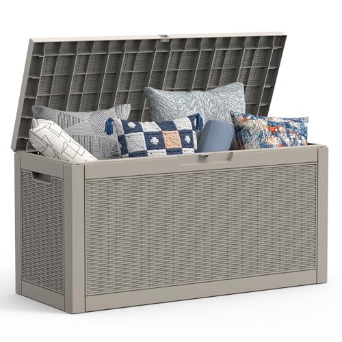 Mars Villa 60 Gallon Deck Box, Waterproof Resin Storage Bin with Lockable Lid, Weatherproof and UV Resistant, for Outdoor Patio Furniture Cushions, Pool Supplies, Garden Tools, Grey - color: Grey, size: 60 Gallon