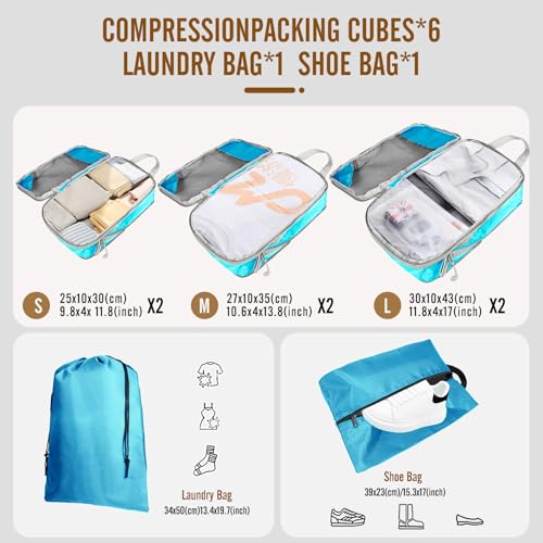 8 Set Compression Packing Cubes for Travel, Expandable Luggage Organizer with Shoe Bag & Laundry Bag - Lightweight Suitcase & Backpack Travel Essentials (Sky Blue) - color: Sky Blue