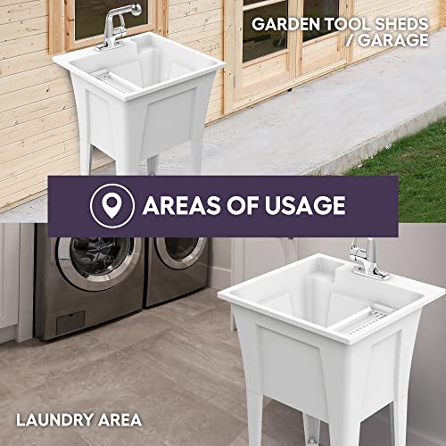 Freestanding Utility Sink with One Handle Chrome Faucet - 24" Plastic Utility Sink for Garage, Laundry, Indoor and Oudoor Use - Laundry Tub Kit by Noah William Home - White (19.5 gal) - color: White - One handle chrome faucet