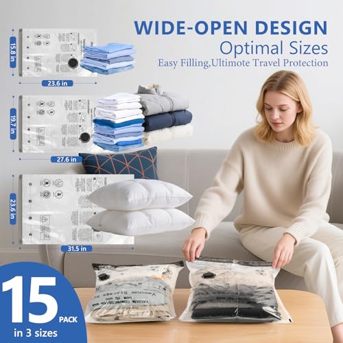 NESCCI Travel Vacuum Bags for Clothing with Rechargeable Wireless air Pump,15 Pack Compression Packing Bags for Luggage Suitcase,Carry-on Size Space Saver Vacuum Storage Bags - size: 15 Combo Size (Blue)