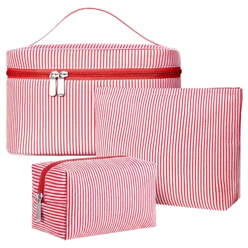 Huhumy 3 Pieces Makeup Bag Set for Women Cute Seersucker Cosmetic Pouch Travel Toiletry Bag Preppy Small Makeup Purse Pouch Aesthetic Skincare Brushes Storage Organizer for Women (Red) - color: Red