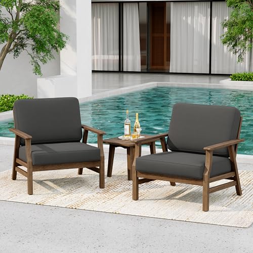 3 Piece Wood Outdoor Chairs Patio Bistro Set, Outdoor Armchair All Weather Patio Sofa Furniture Backyard Conversation Sets with Wooden Side Table - Dark Gray - color: Dark Gray, size: 3PCS