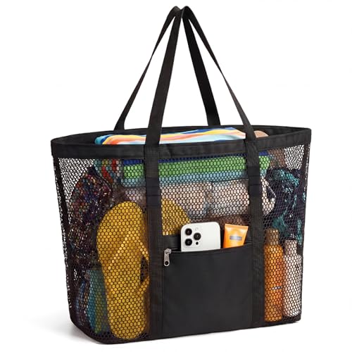 Dntorx Women's Mesh Beach Bag, Stylish Beach Tote for Swimming, Travel & Vacation Essentials, Lightweight Design for Poolside - color: Black