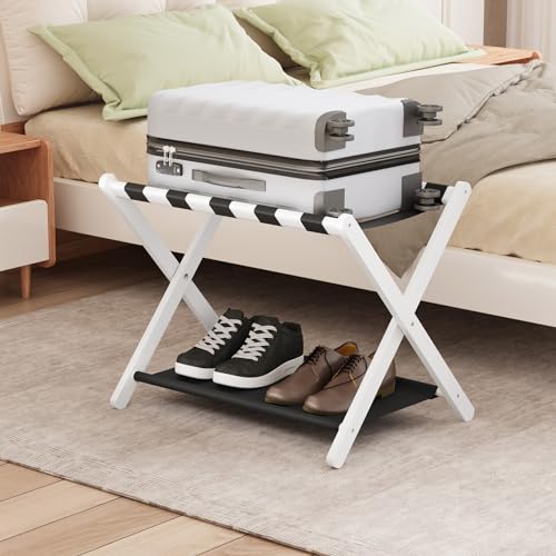 Smuxee White Bamboo Luggage Rack for Guest Room, Foldable Suitcase Stand with Storage Shelf, Easily Assembled Luggage Stand with 5 Nylon Straps for Guest Room Bedroom Hotel - color: White 1PCS
