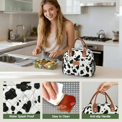 HOMESPON Insulated Lunch Bag for Women Men Adults Lunch Tote with Front Pocket Lunch Box Container Cooler Bag for Work Picnic (Cow Print) - color: Cow Print