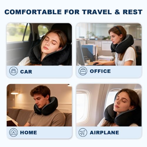 Memory Foam Travel Neck Pillow for Airplane – 360° Ergonomic Neck Support Pillow with Adjustable Fit, Breathable Washable Cover, Travel Pillow Set with Eye Mask, Earplugs & Storage Bag