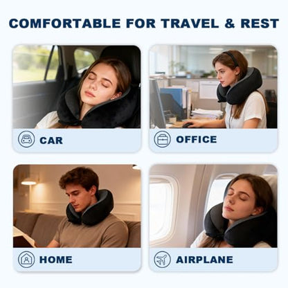 Memory Foam Travel Neck Pillow for Airplane – 360° Ergonomic Neck Support Pillow with Adjustable Fit, Breathable Washable Cover, Travel Pillow Set with Eye Mask, Earplugs & Storage Bag