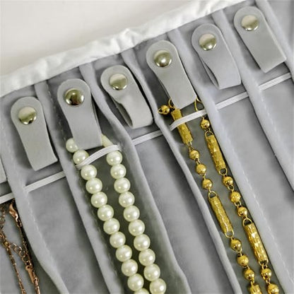 Portable Jewelry Roll Untangled Secure Necklace Travel Storage Bag Displays Holder 16 Chain (Gray PU and Gray Velvet) - color: Gray PU and Gray Velvet