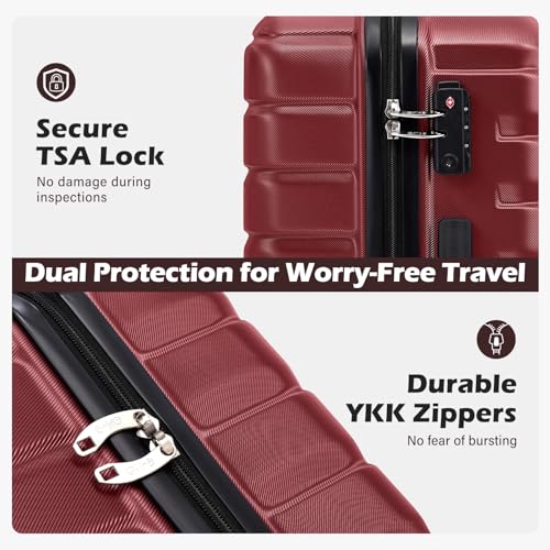 Coolife Medium Checked Luggage with Spinner Wheels, Hardside Suitcase TSA Lock Lightweight Travel Luggage 24-inch,Wine Red - color: wine red, size: Medium(24in)