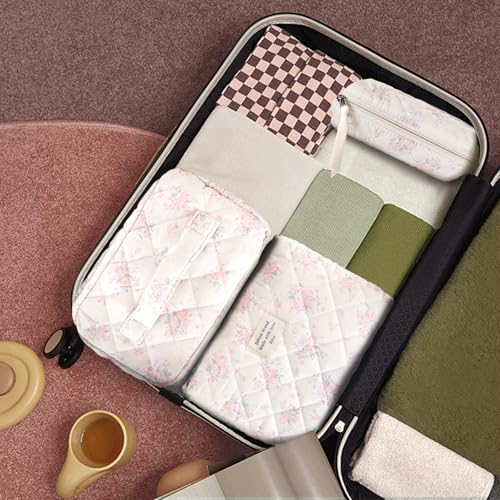 GISMTR 3Pcs Cotton Quilted Makeup Bag Large Travel Cosmetic Bag Coquette Makeup Pouch Cute Aesthetic Floral Toiletry Bag for Women Girls (flower-S) - color: flower-S