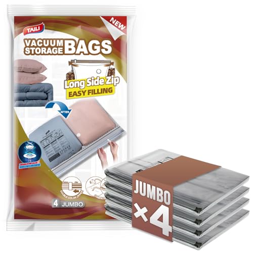 TAILI 4 Pack Vacuum Storage Bags, LONG SIDE ZIP (39x28 inch) Vacuum Seal Bags for Clothing, Jumbo Storage Space Saver for Beddings, Comforters, Blanket, Pillows and Clothes - size: 4 Jumbo