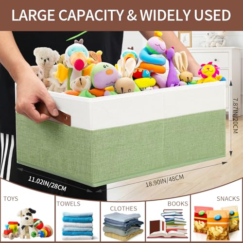 3 Pack Large Capacity Storage Bins Closet Organizer for Shelves, Fabric Closet Storage Baskets Boxes with Leather Handles for Organizing Clothes, Sheets, Jeans, Toys, Books (Green) - style: 3 Pack Green & White