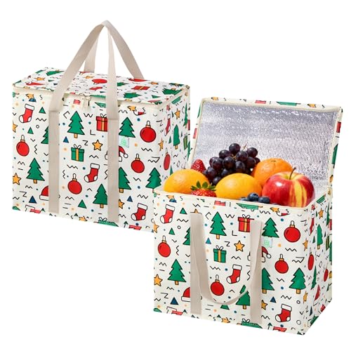 VENO 2 Pack Insulated Cooler Bag for Food Delivery, Reusable Grocery Shopping Bag, Heavy Duty, Large Size, Durable Handles, Double Zippers, Lid, Collapsible (Jingle Mix, 2 Pack) - color: Jingle Mix, size: 2 Pack