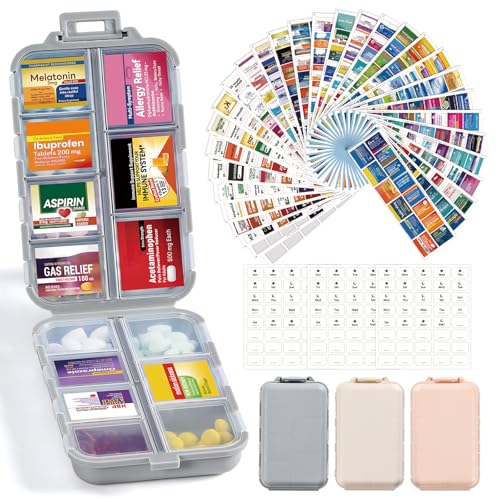 3 Pack 14 Grids Travel Pill Organizer Box with 415-Pcs Medicine Name Labels - Pocket Daily Pharmacy Case Container Kit - Travel Medication Holder Dispenser for Fish Oil Vitamin Supplement Storage - color: Khaki+pink+grey, size: with Bulk Med Labels